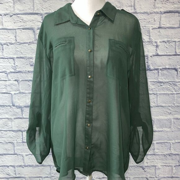METAPHOR hunter Green Sheer Tab Sleeve Button Front Blouse - Picture 2 of 13